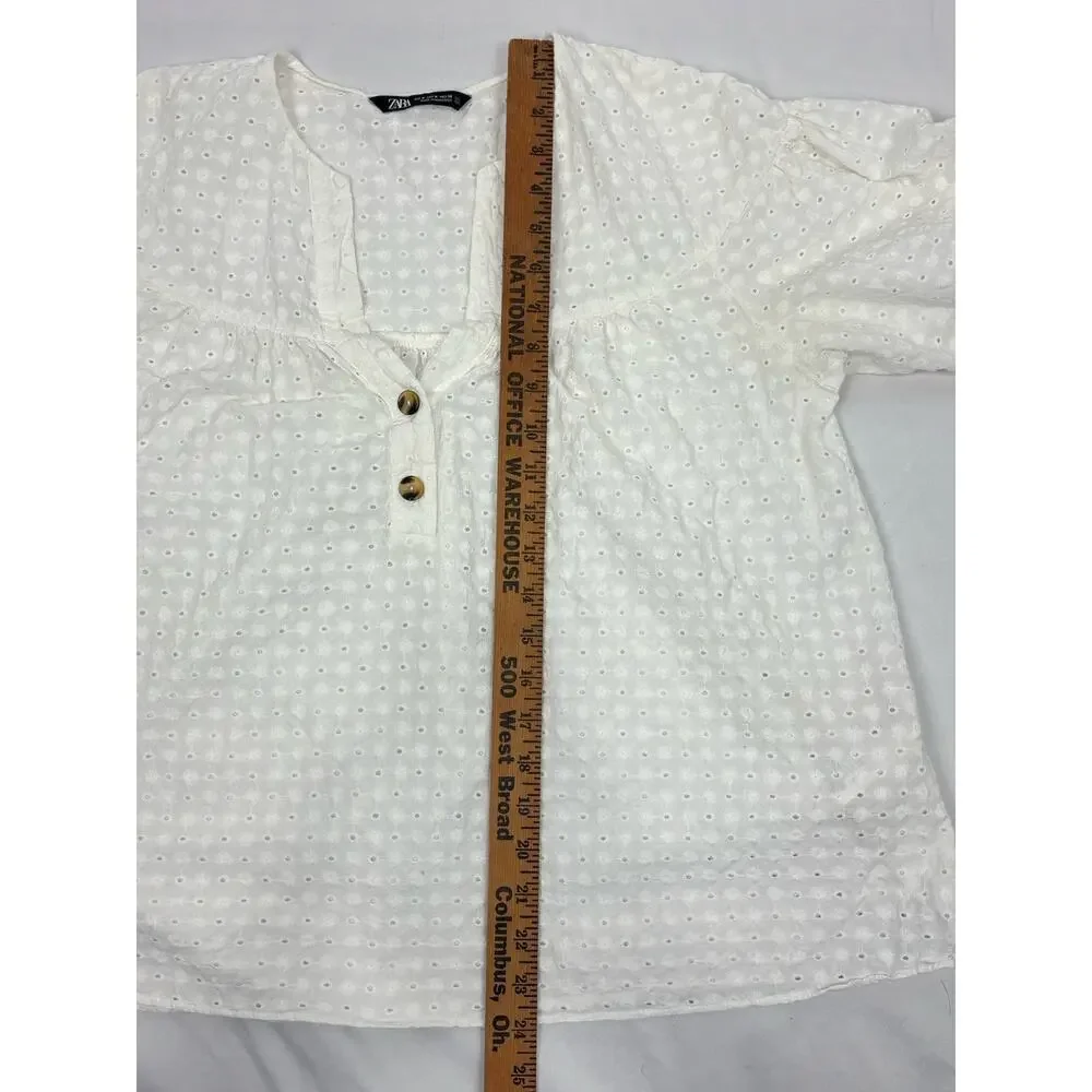 Zara Women 100% Cotton Embroidered Eyelet Off White V-neck Popover Size M